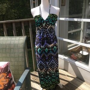 Pretty and slimming Snap maxi dress size XS/S with a blue and green tribal motif